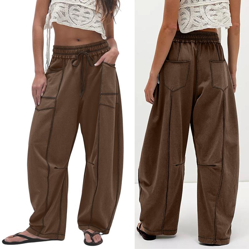 Womens Baggy Barrel Pants Wide Leg Lounge Drawstring Sweatpants with Pockets