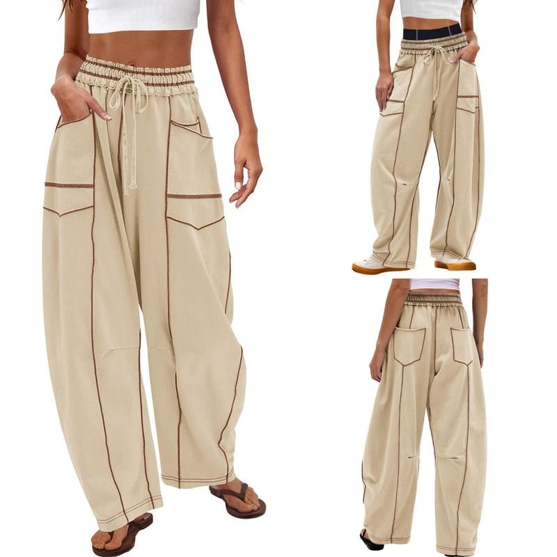 Womens Baggy Barrel Pants Wide Leg Lounge Drawstring Sweatpants with Pockets