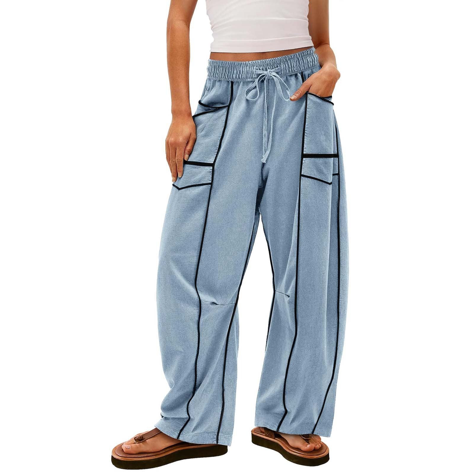 Womens Baggy Barrel Pants Wide Leg Lounge Drawstring Sweatpants with Pockets